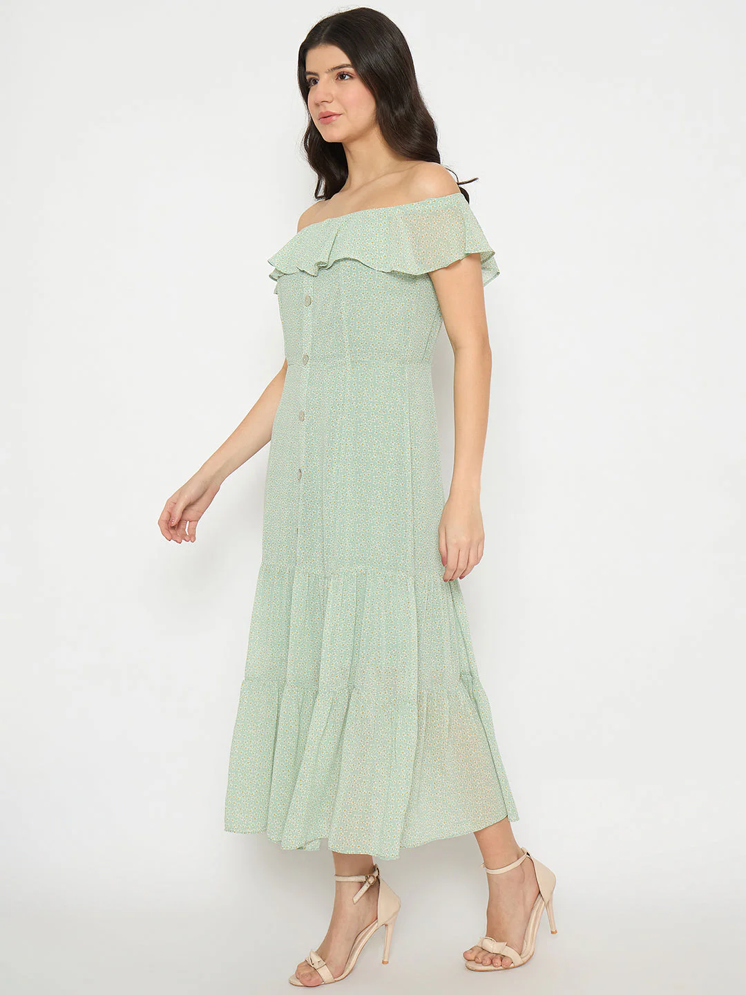 Madame Off Shoulder Solid Green Midi Dress - Image 5