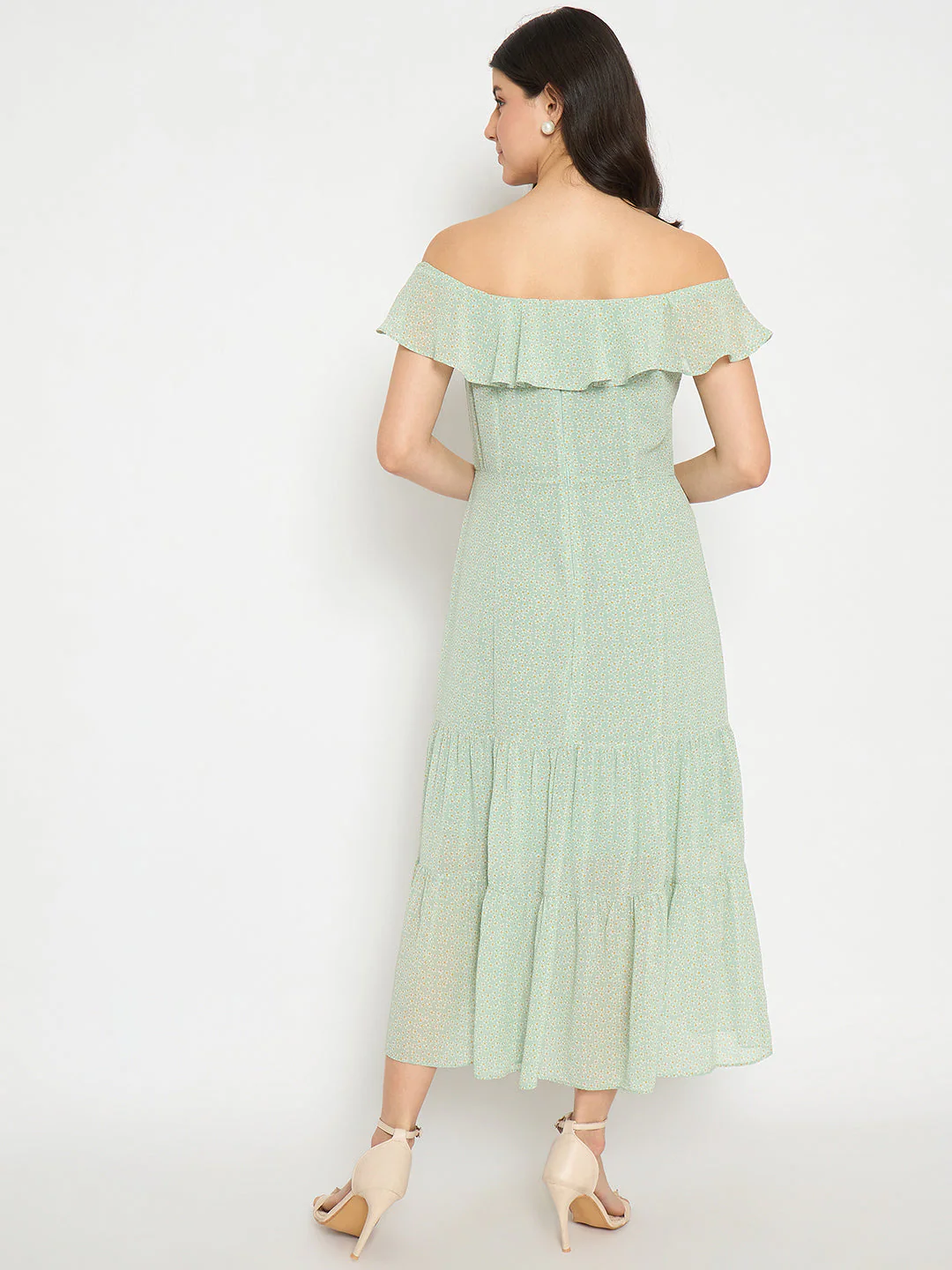 Madame Off Shoulder Solid Green Midi Dress - Image 6