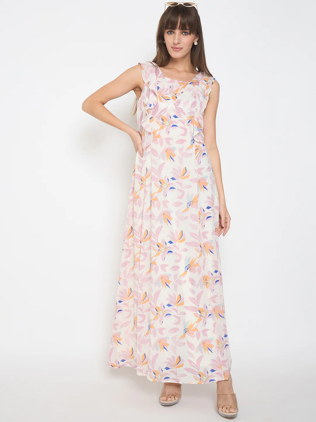 Madame Floral Print Ruffle Detail Off White Midi Dress