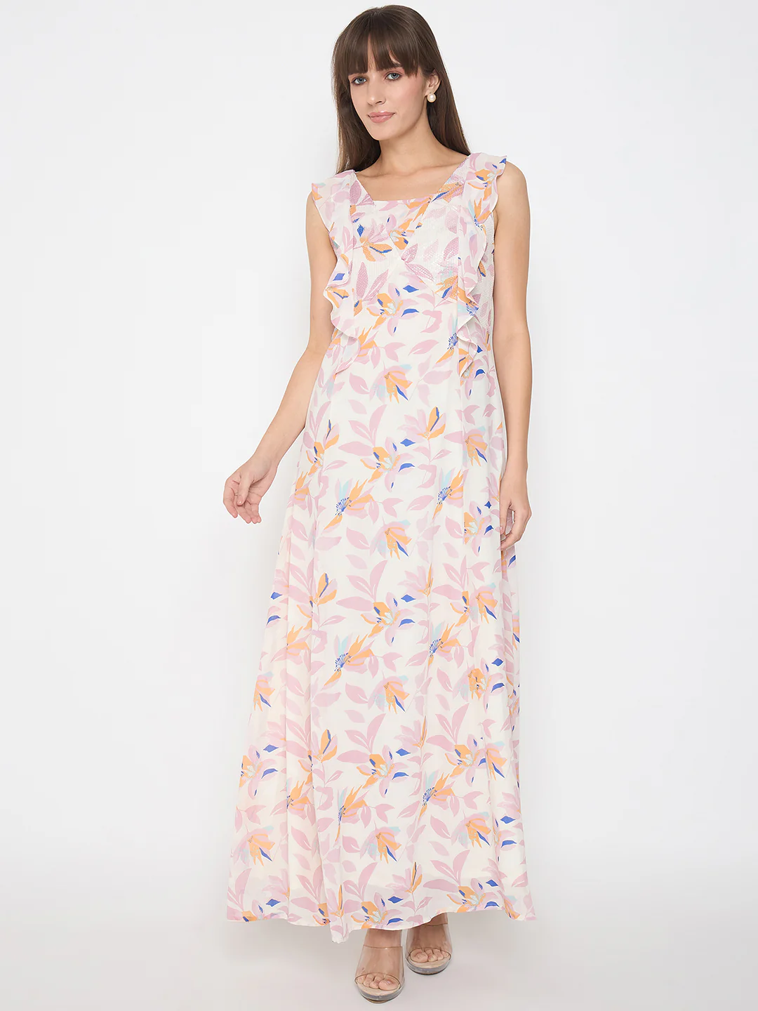 Madame Floral Print Ruffle Detail Off White Midi Dress - Image 3