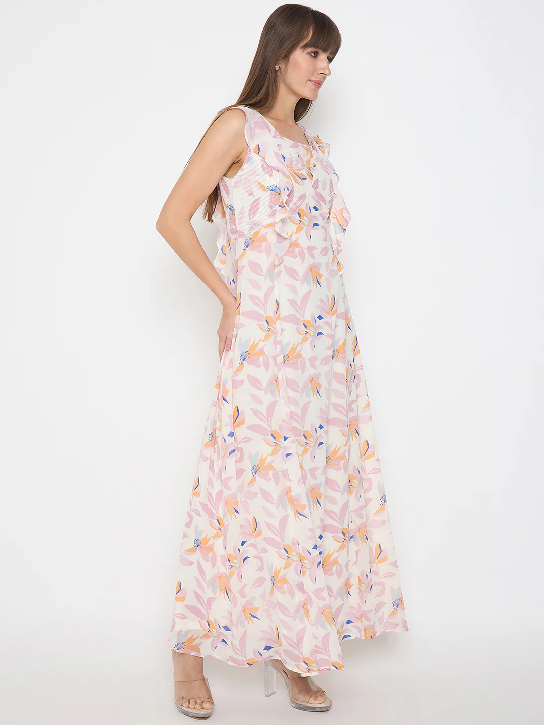 Madame Floral Print Ruffle Detail Off White Midi Dress - Image 4