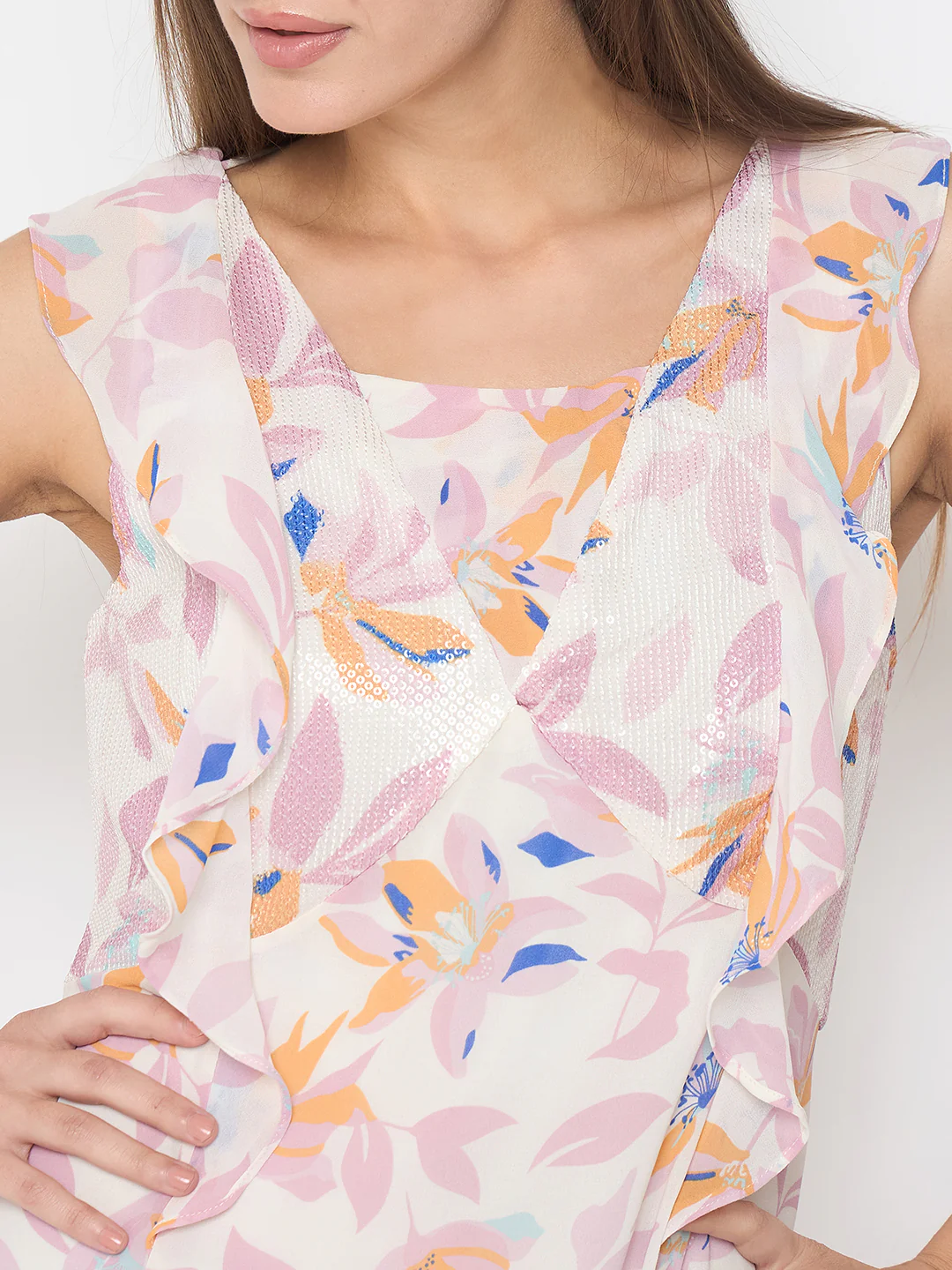 Madame Floral Print Ruffle Detail Off White Midi Dress - Image 7