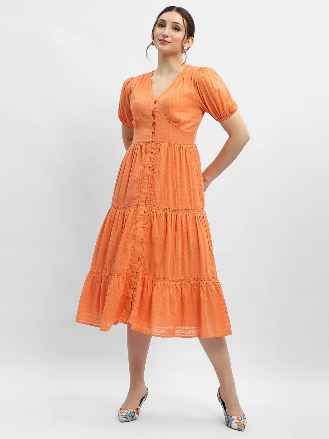 Madame V-Neck Orange Tiered Maxi Dress - Image 2
