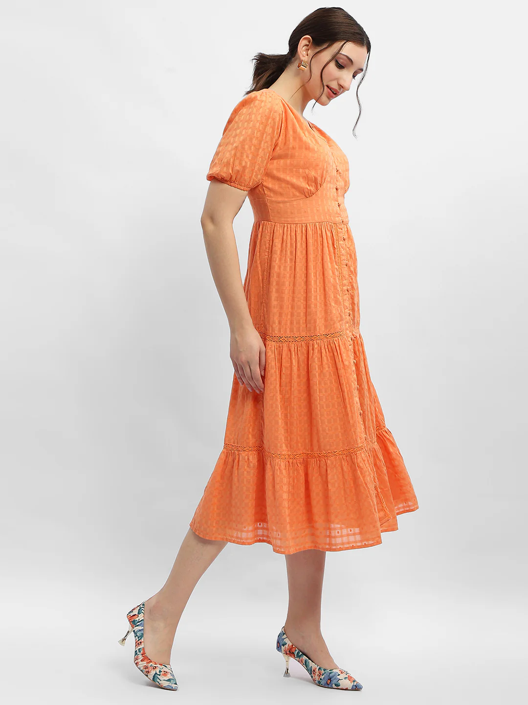 Madame V-Neck Orange Tiered Maxi Dress - Image 3