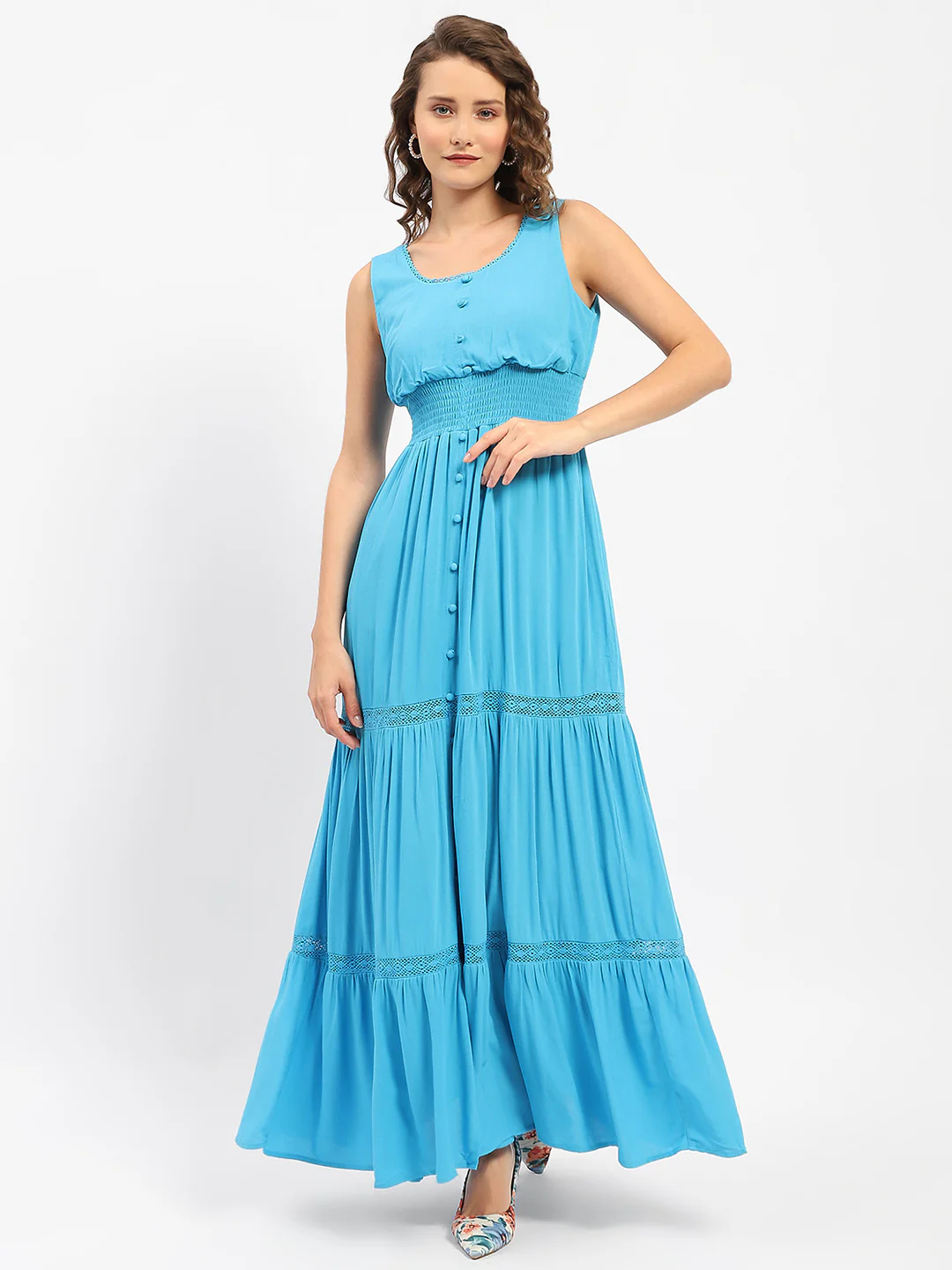 Madame Square Neckline Blue Tiered Dress