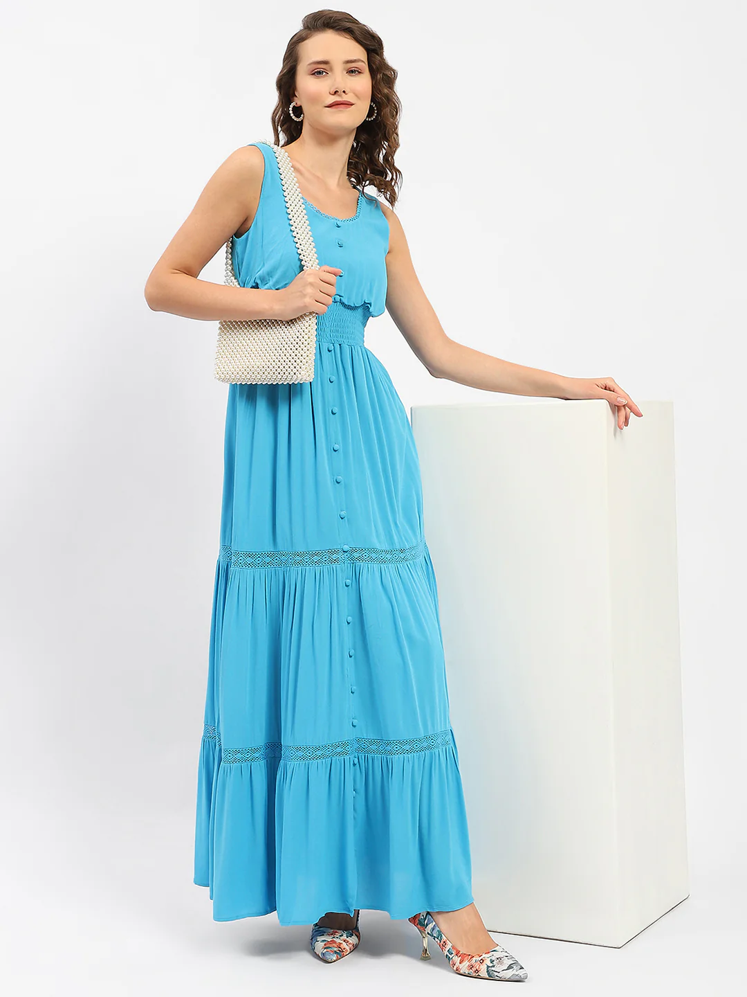 Madame Square Neckline Blue Tiered Dress - Image 2