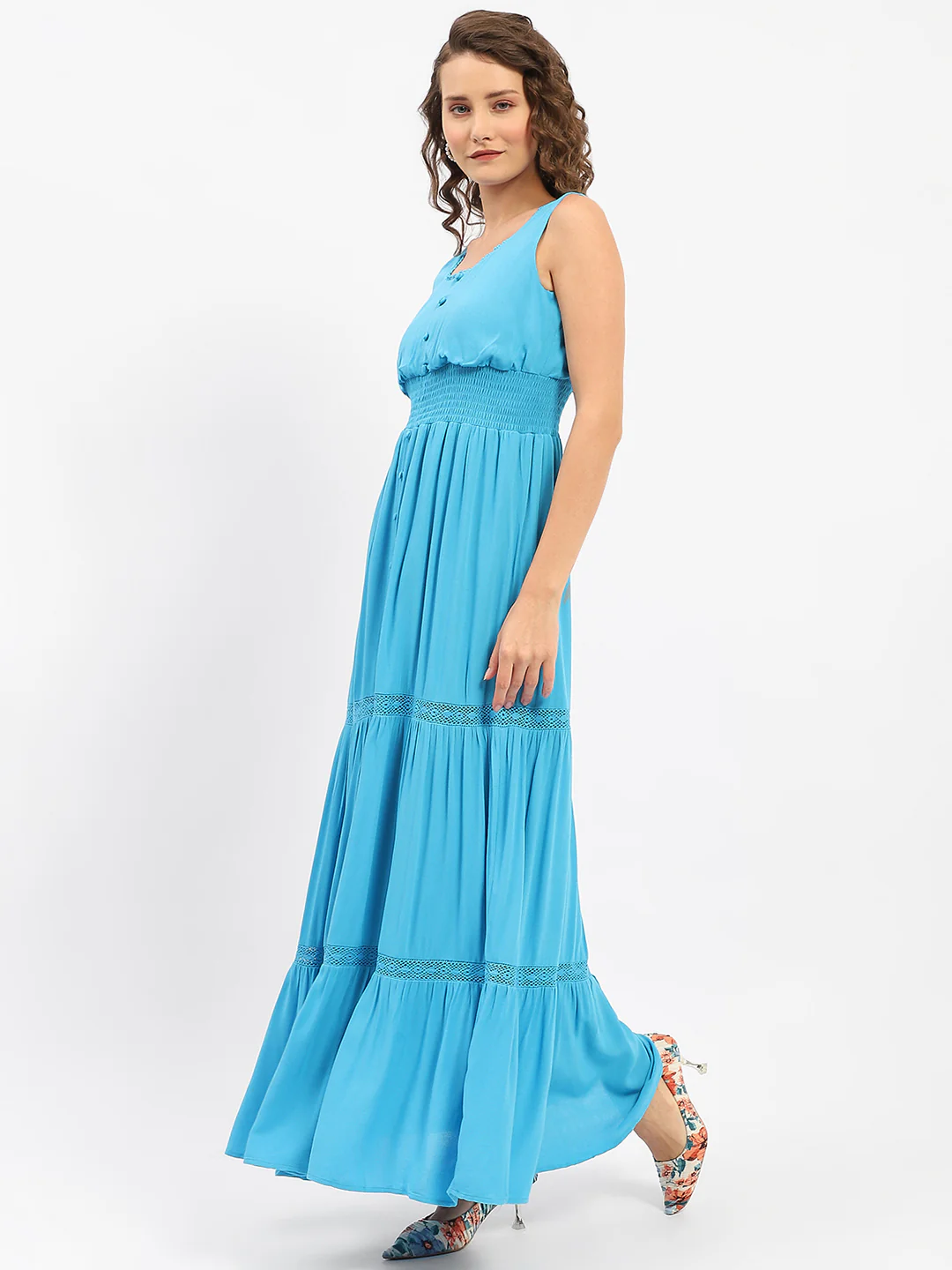 Madame Square Neckline Blue Tiered Dress - Image 4