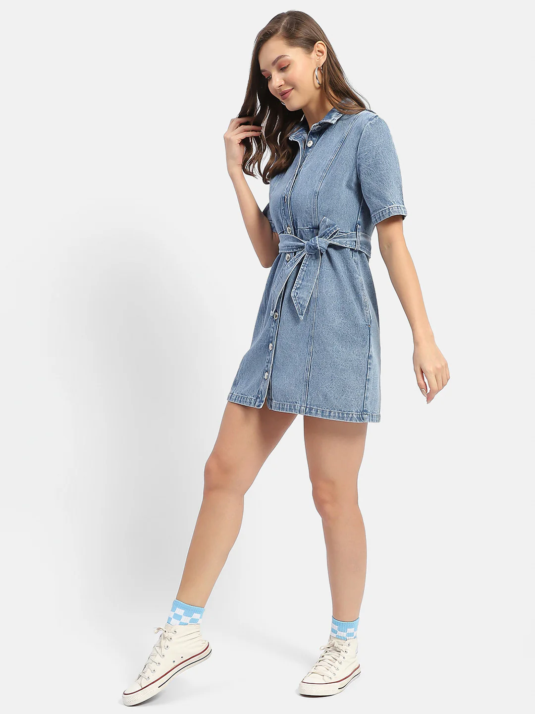 Madame Belted Waist Mid Blue Denim Shirt Dress - Image 5