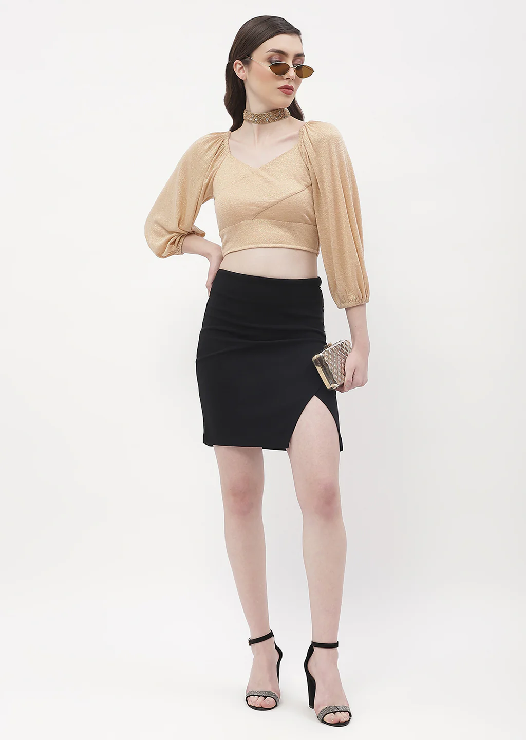 Madame Sweetheart Neck Beige Shimmery Crop Top - Image 3