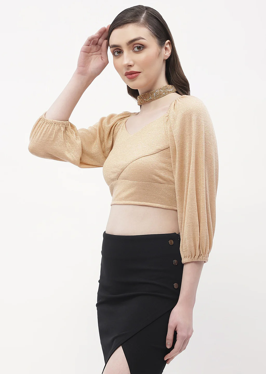 Madame Sweetheart Neck Beige Shimmery Crop Top - Image 4