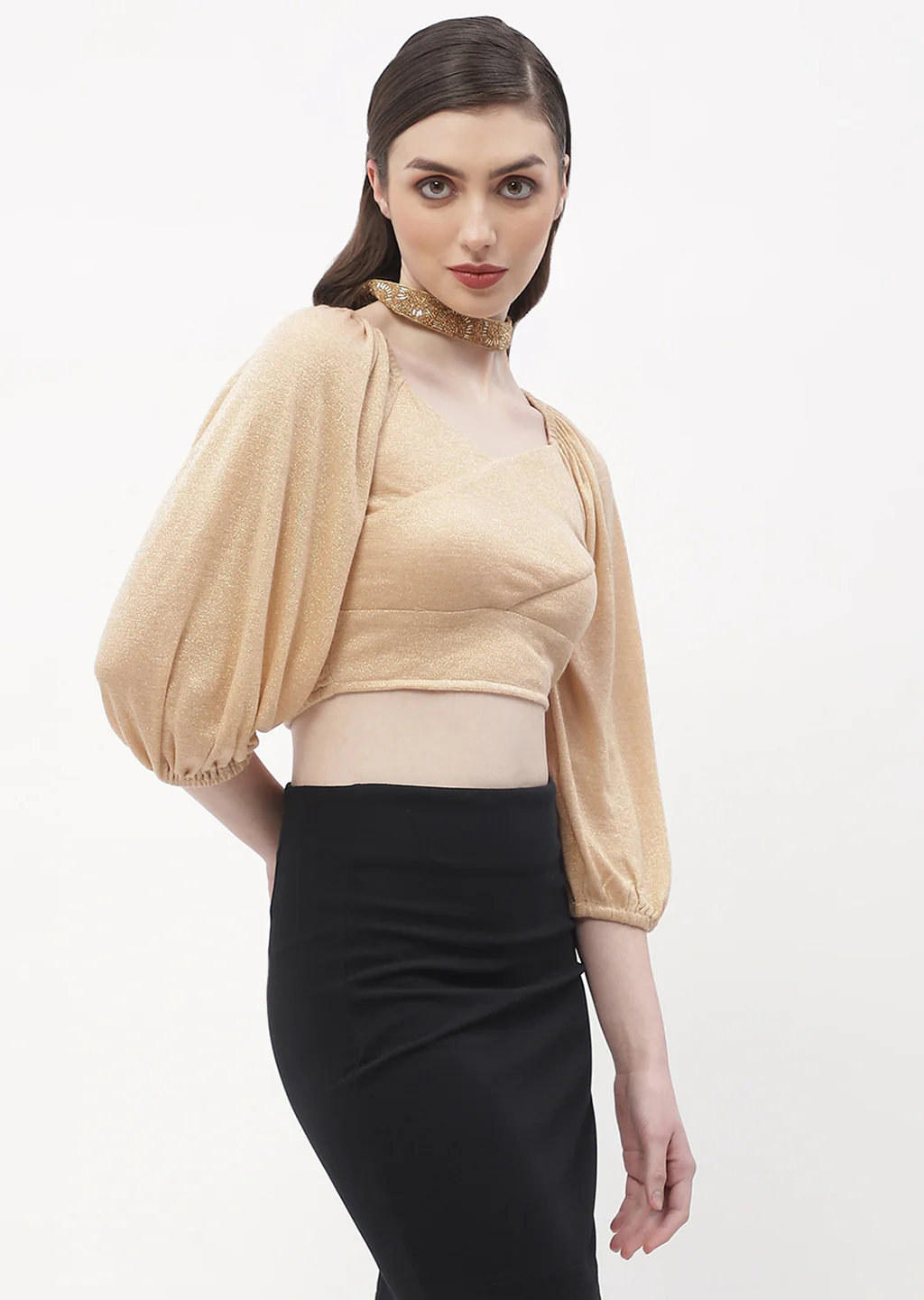 Madame Sweetheart Neck Beige Shimmery Crop Top - Image 5