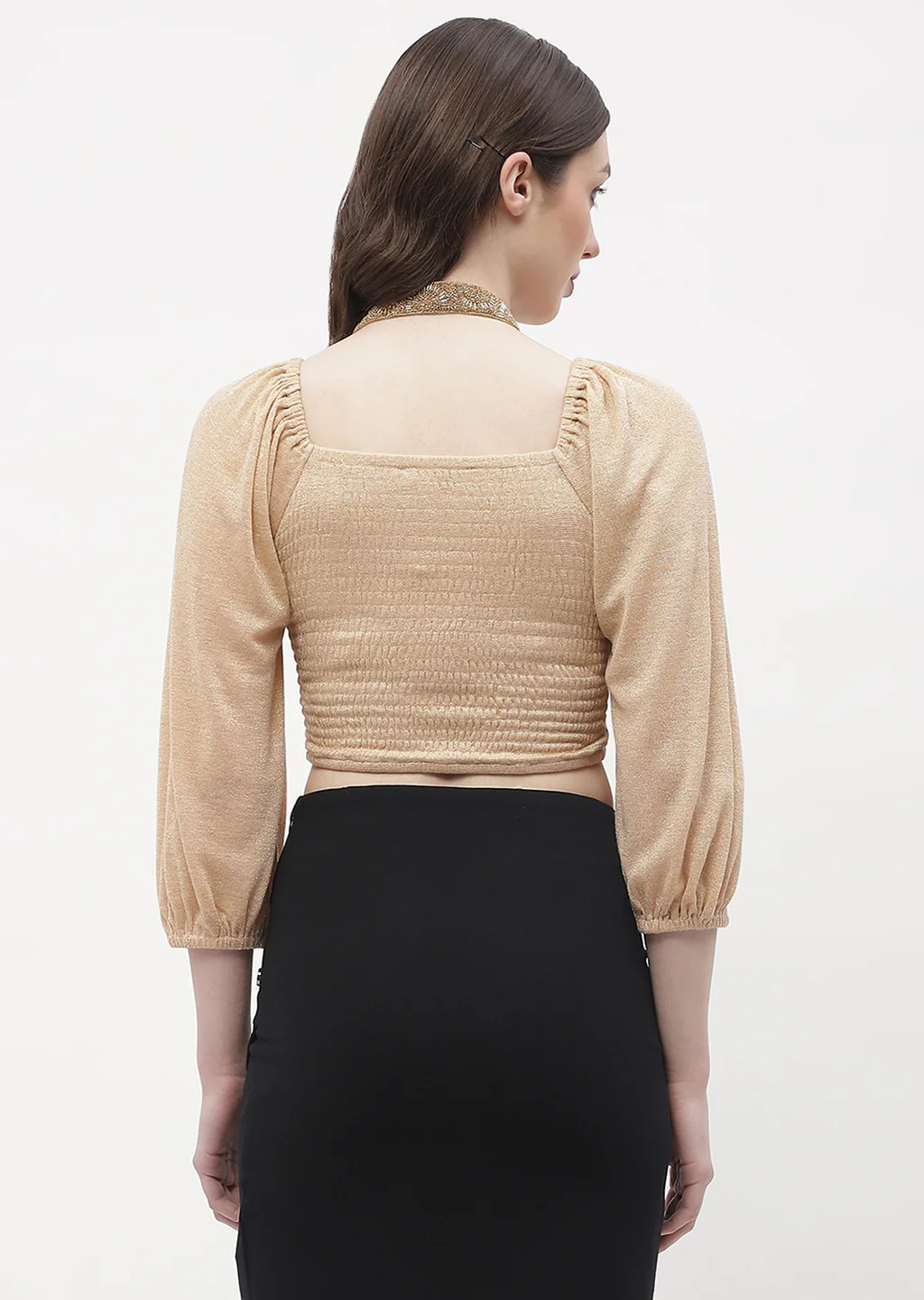 Madame Sweetheart Neck Beige Shimmery Crop Top - Image 6