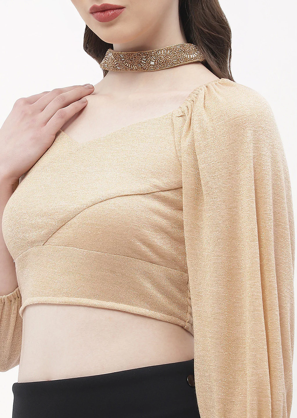 Madame Sweetheart Neck Beige Shimmery Crop Top - Image 7