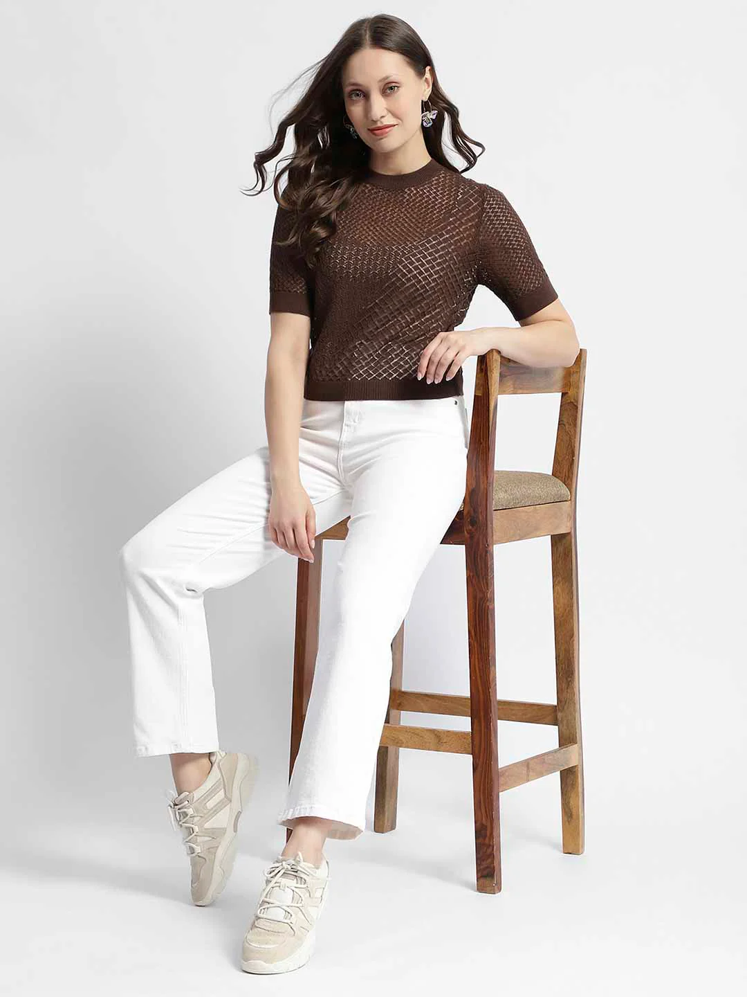 Madame Crew Neck Brown Knit Top - Image 2