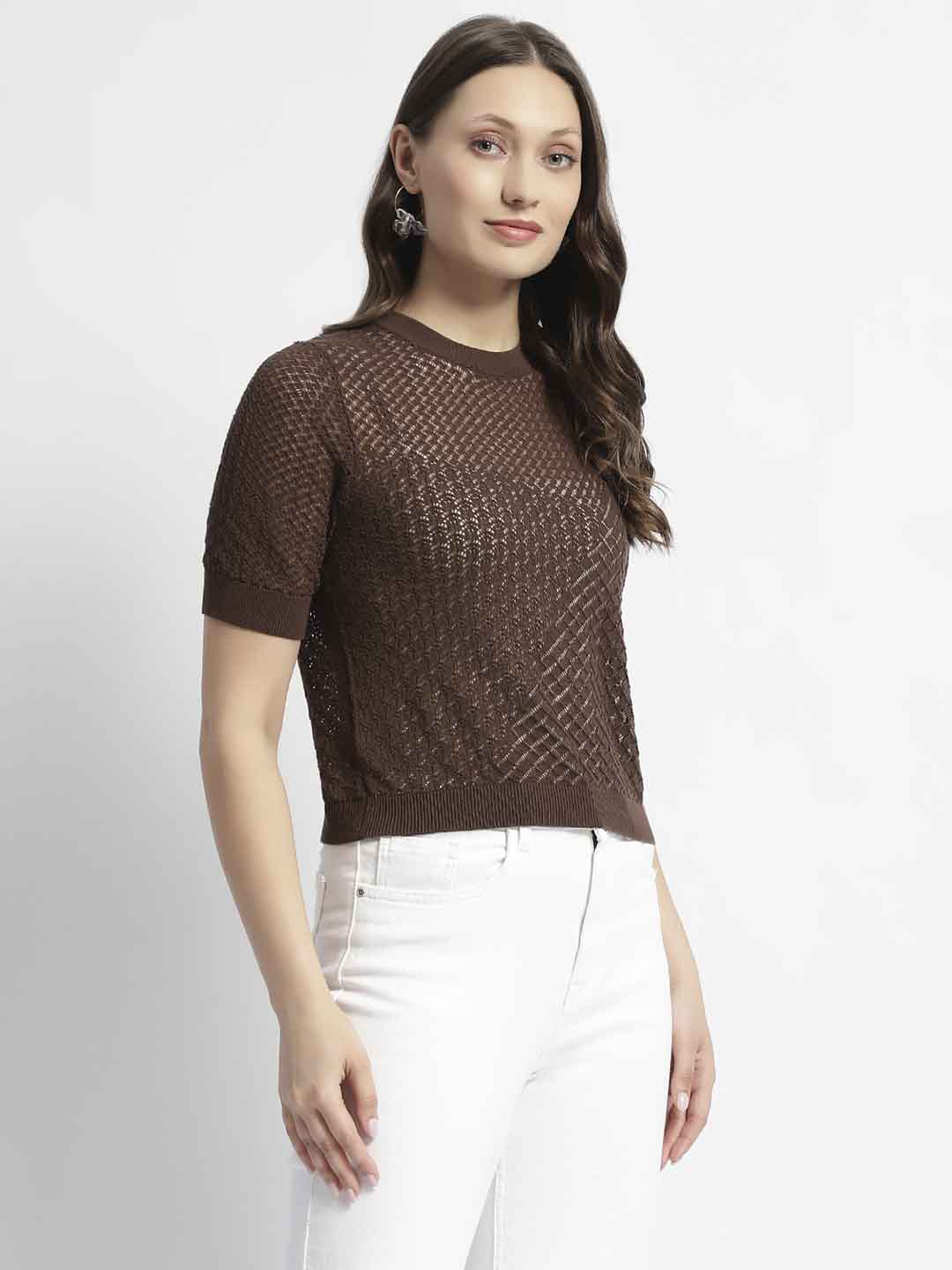 Madame Crew Neck Brown Knit Top - Image 3