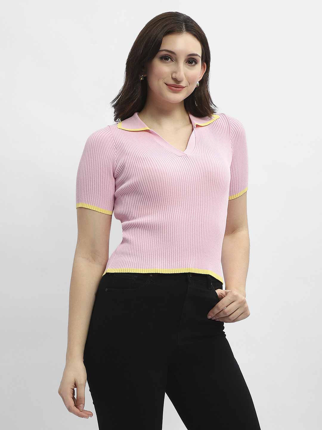 Madame Polo Neck Pink Ribbed T-Shirt - Image 4