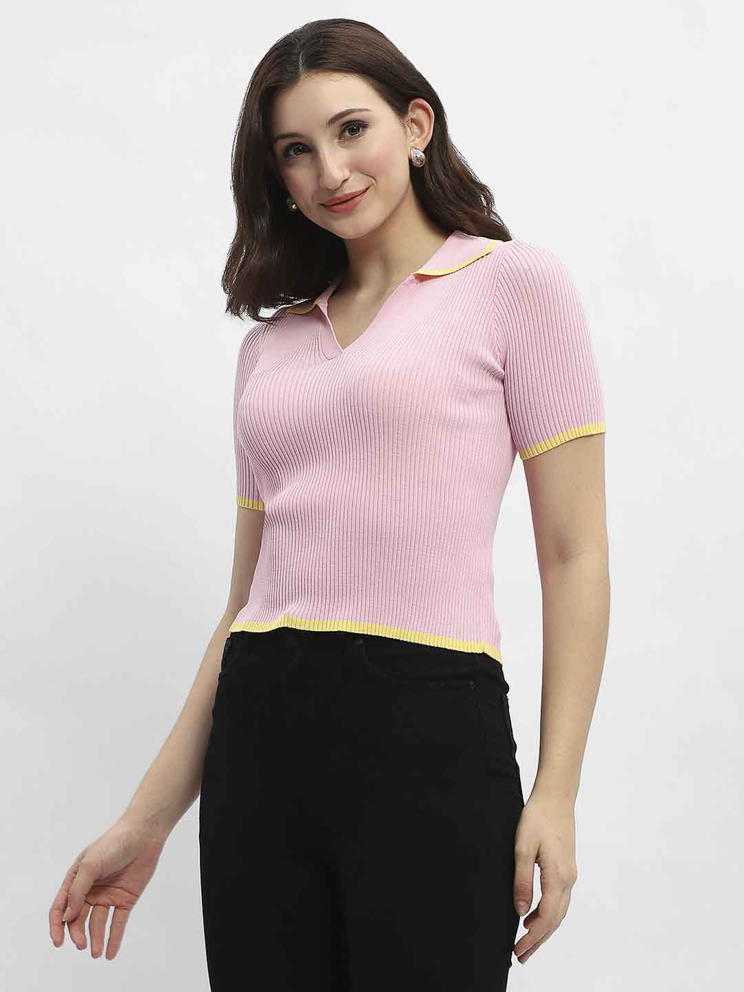 Madame Polo Neck Pink Ribbed T-Shirt - Image 5