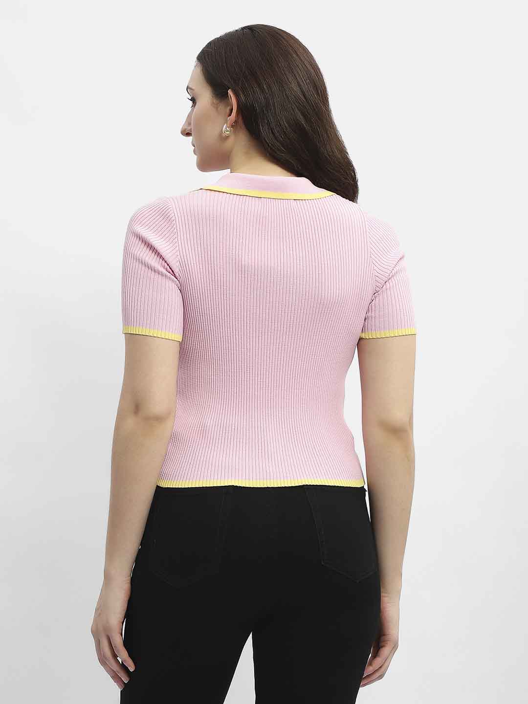 Madame Polo Neck Pink Ribbed T-Shirt - Image 6