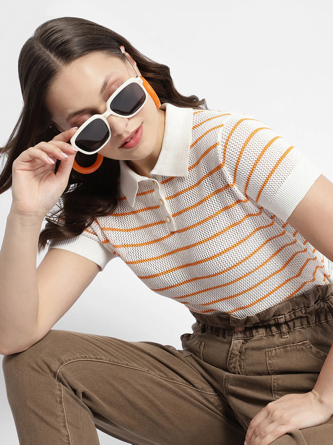 Madame Orange Striped Polo Neck T-Shirt - Image 2