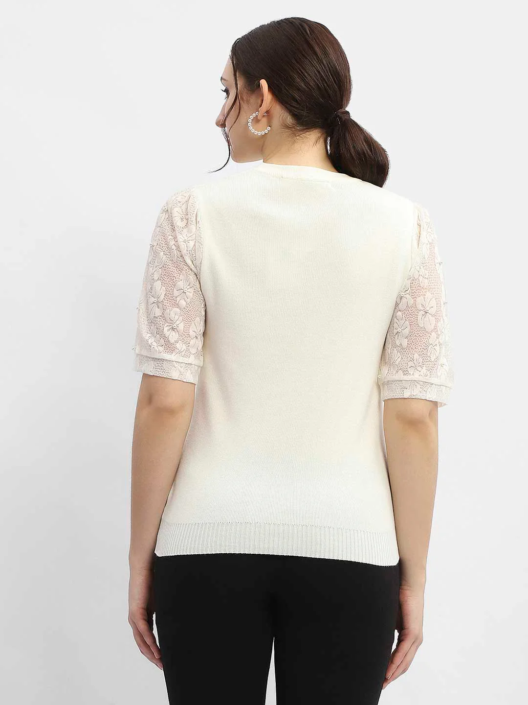 Madame Lace Adorned Beige Embellished Neck Top - Image 6