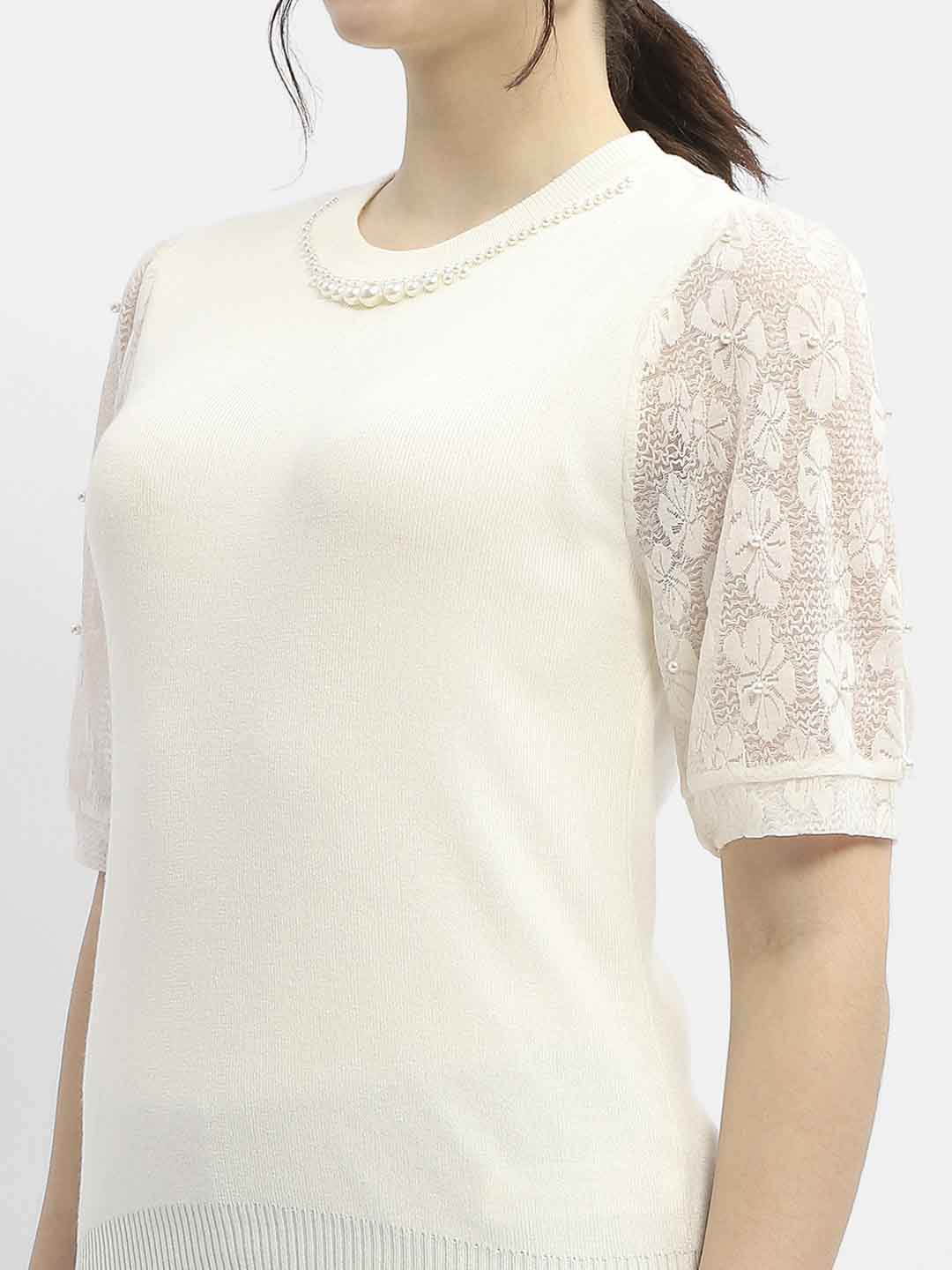 Madame Lace Adorned Beige Embellished Neck Top - Image 7