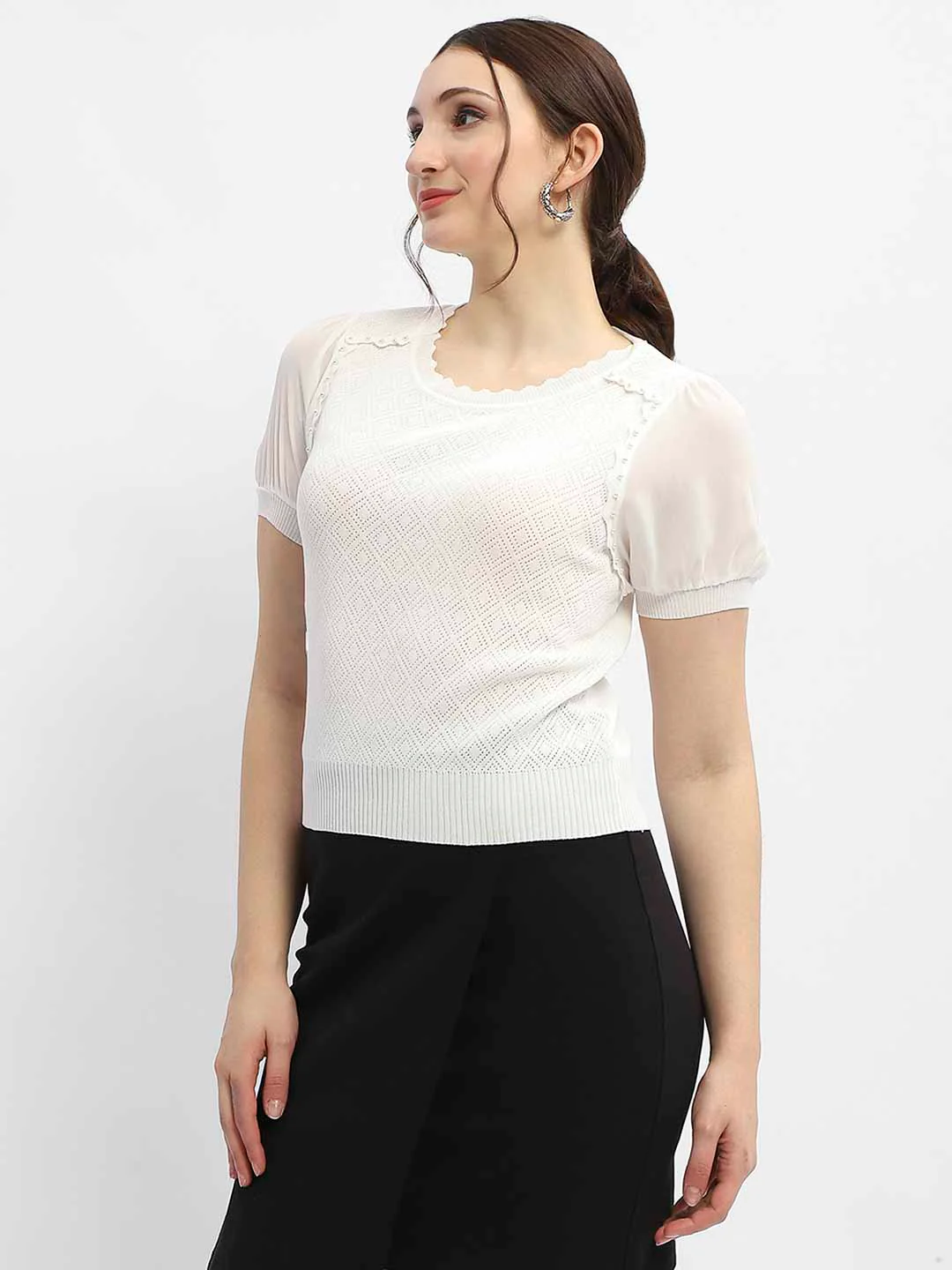 Madame Embellished Off-White Puff Sleeve Top - Image 4
