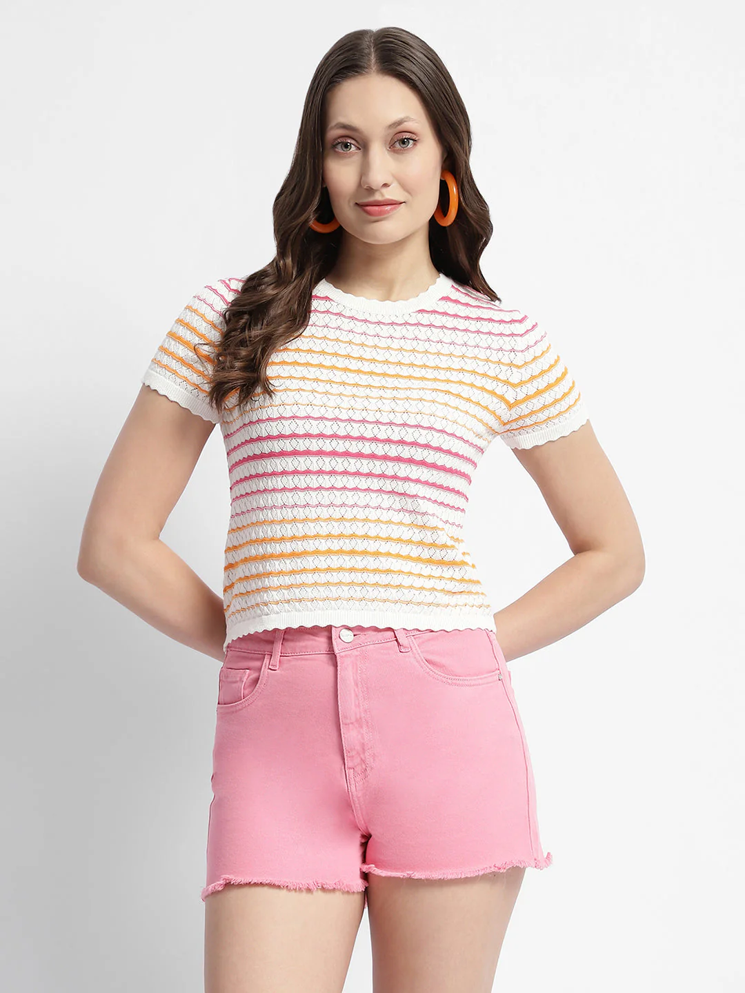 Madame Striped Crew Neck Knitted Off White Top - Image 4