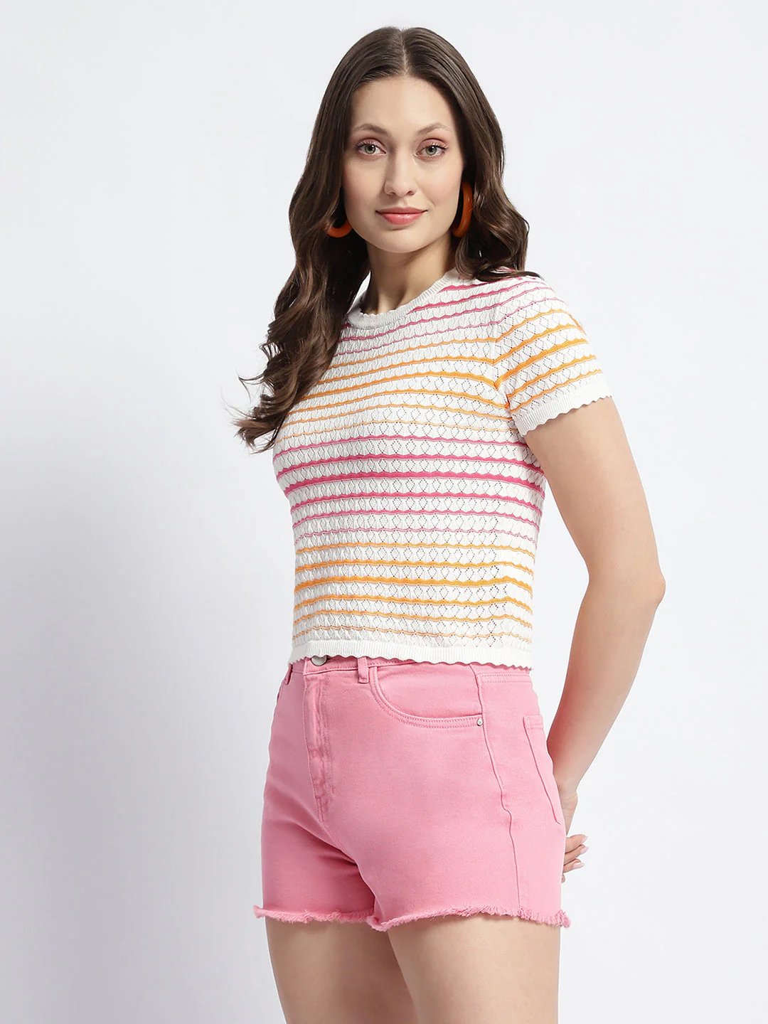Madame Striped Crew Neck Knitted Off White Top - Image 5