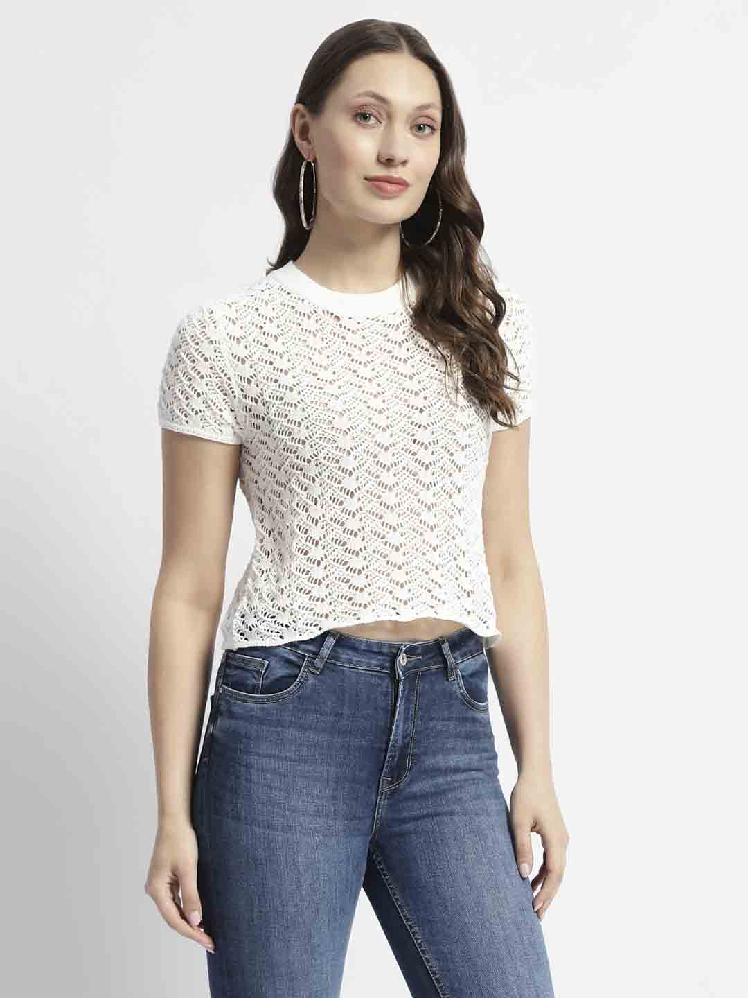 Madame Off White Crochet Top With Short Sleeves - Image 3
