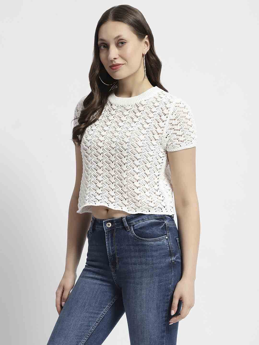 Madame Off White Crochet Top With Short Sleeves - Image 4