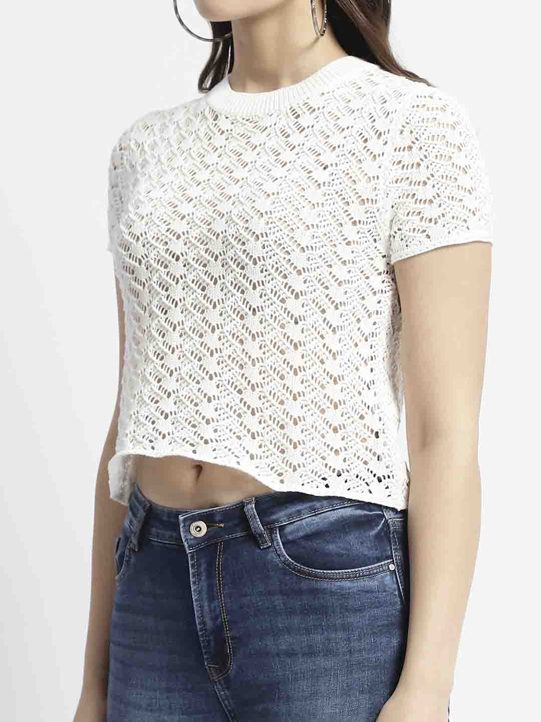 Madame Off White Crochet Top With Short Sleeves - Image 6