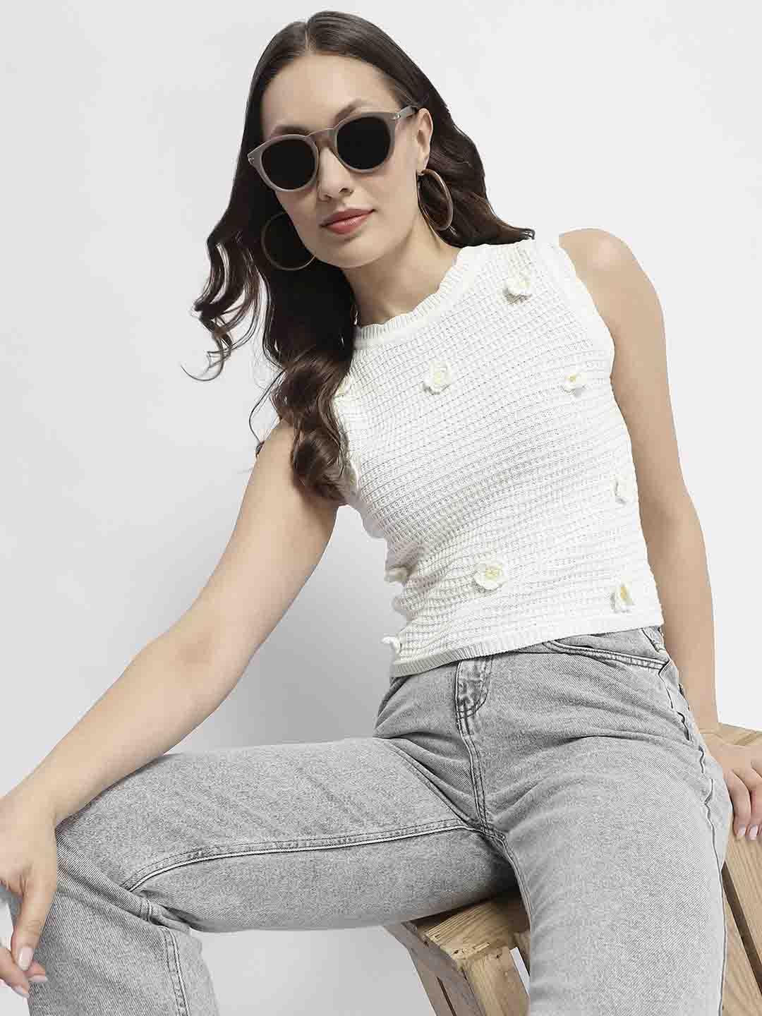 Madame White Floral Applique Sleeveless Top - Image 3