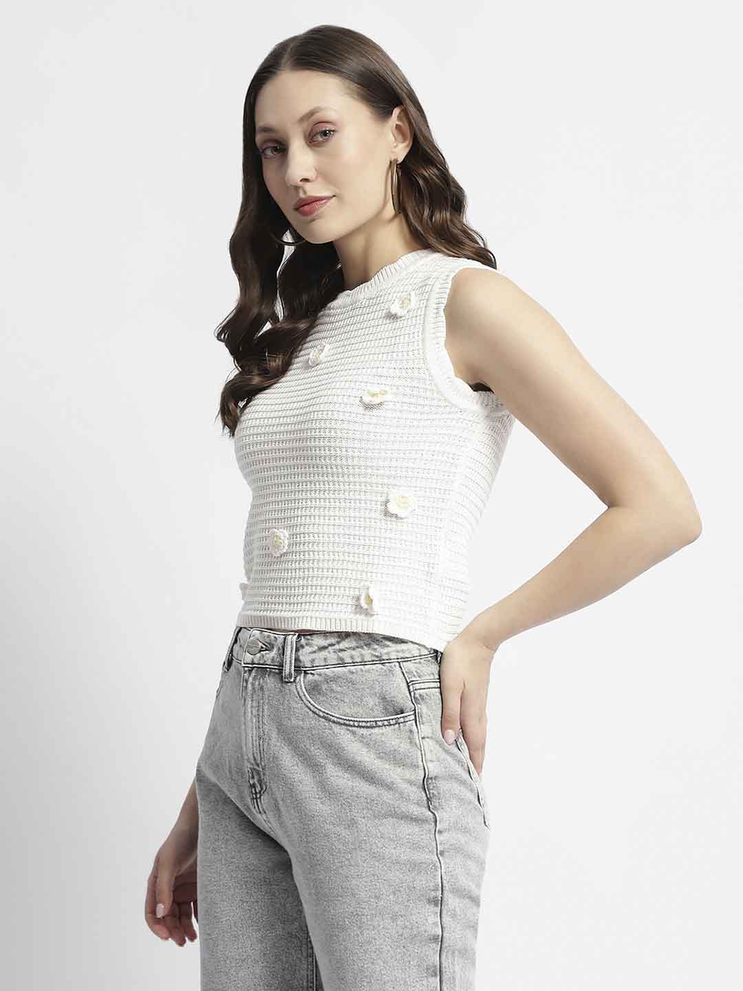Madame White Floral Applique Sleeveless Top - Image 4