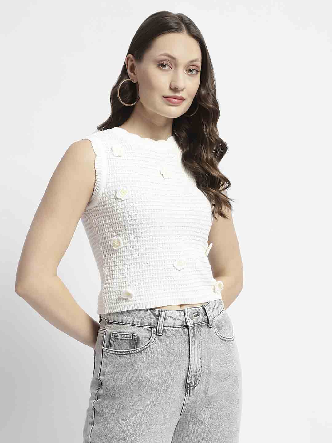 Madame White Floral Applique Sleeveless Top - Image 5