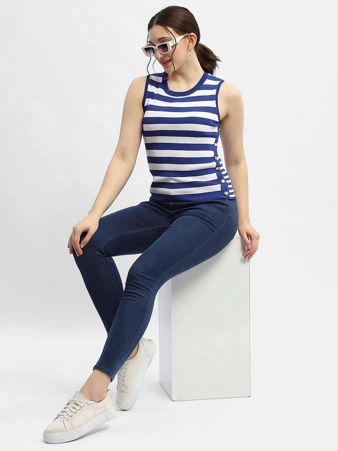 Madame Striped Royal Blue Tank Top - Image 2