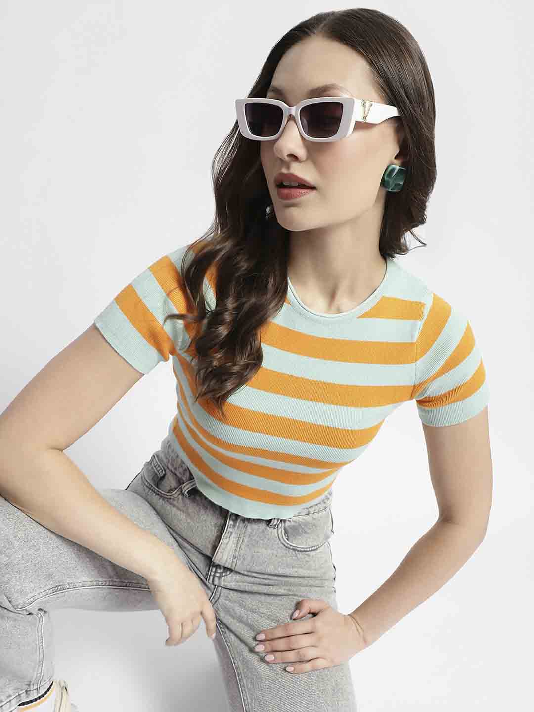 Madame Crew Neck Orange Striped Half Sleeve Crop Top - Image 2