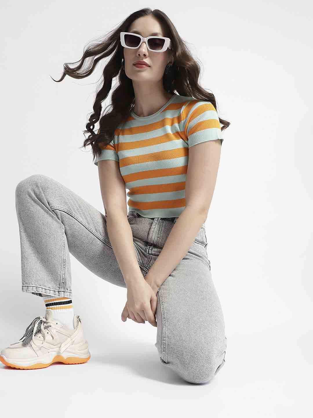 Madame Crew Neck Orange Striped Half Sleeve Crop Top - Image 3