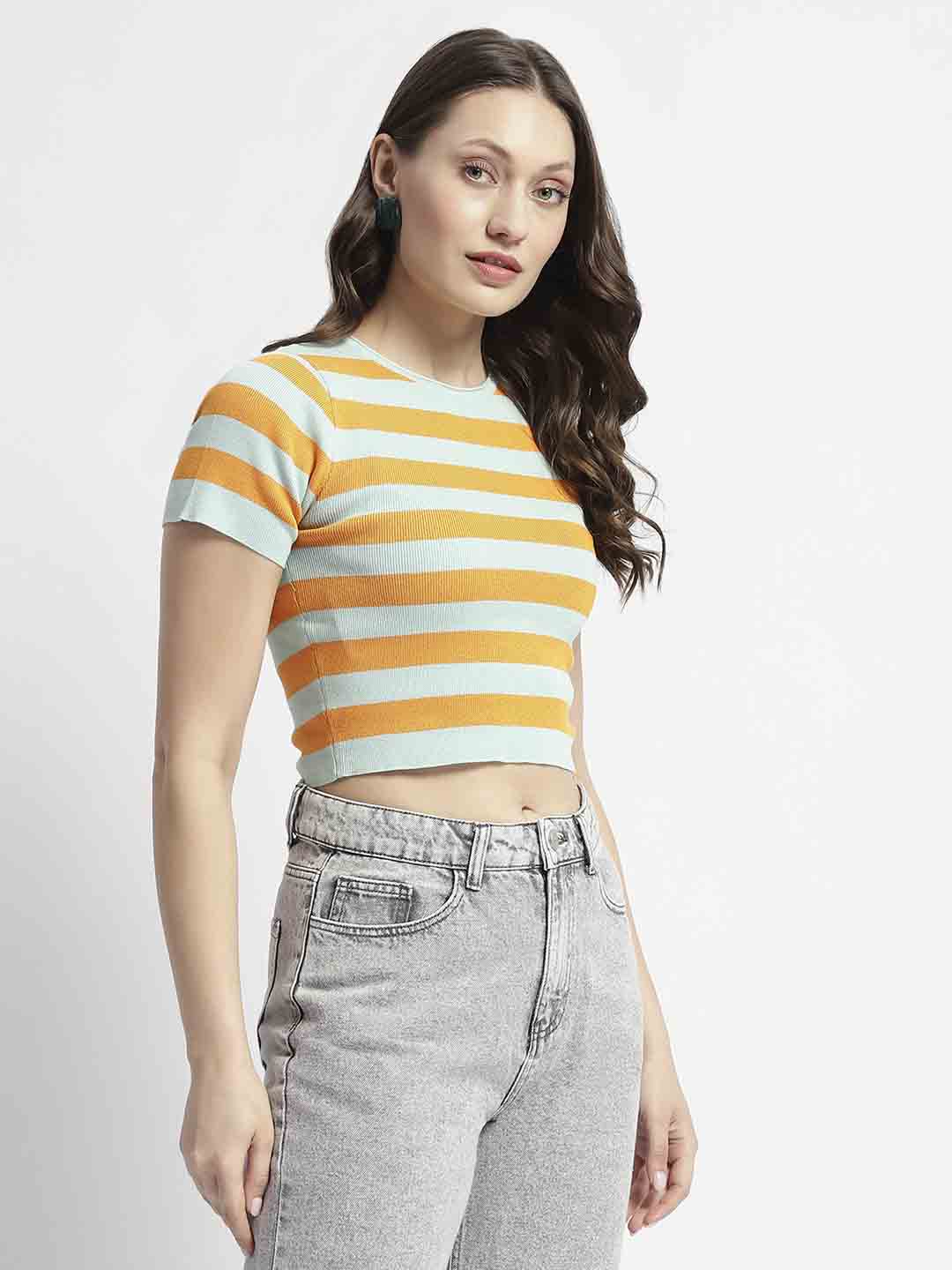 Madame Crew Neck Orange Striped Half Sleeve Crop Top - Image 4