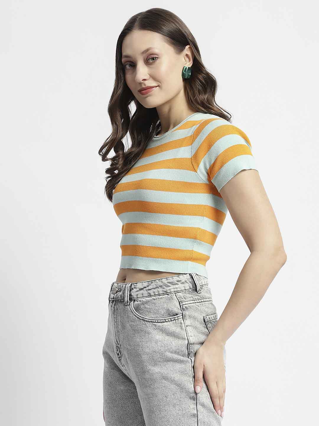 Madame Crew Neck Orange Striped Half Sleeve Crop Top - Image 5