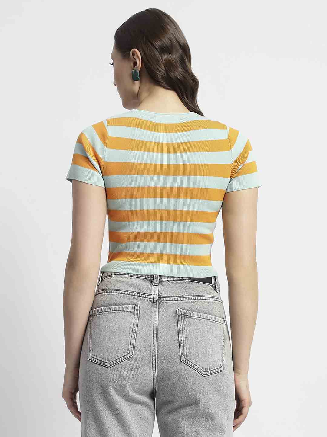 Madame Crew Neck Orange Striped Half Sleeve Crop Top - Image 6