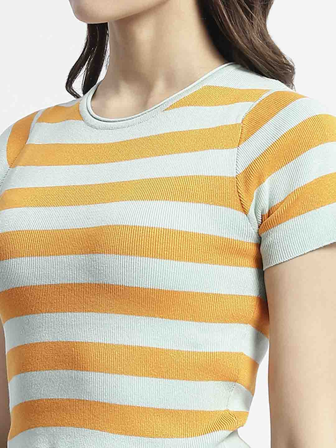 Madame Crew Neck Orange Striped Half Sleeve Crop Top - Image 7
