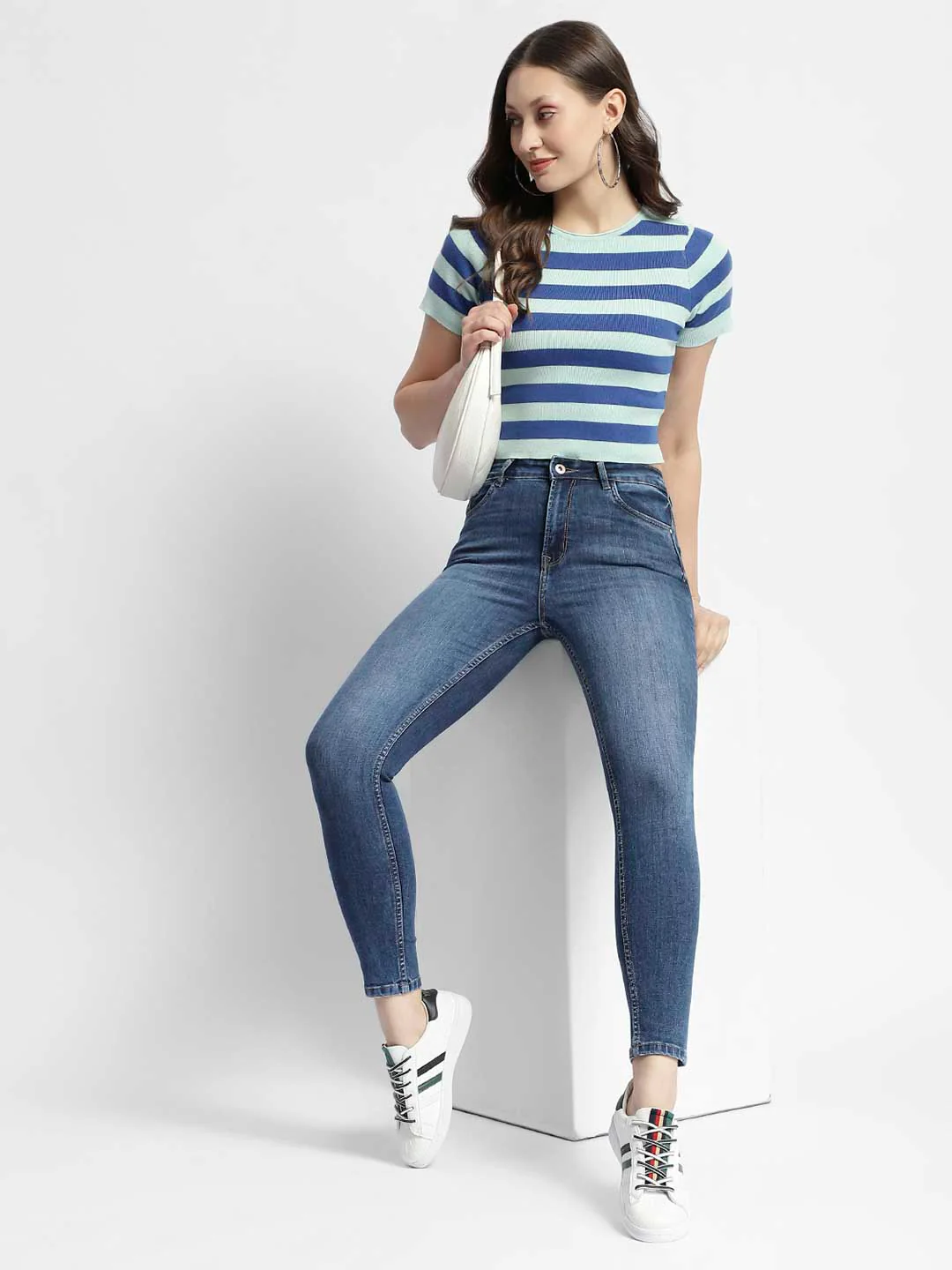 Madame Crew Neck Blue Striped Half Sleeve Crop Top - Image 2