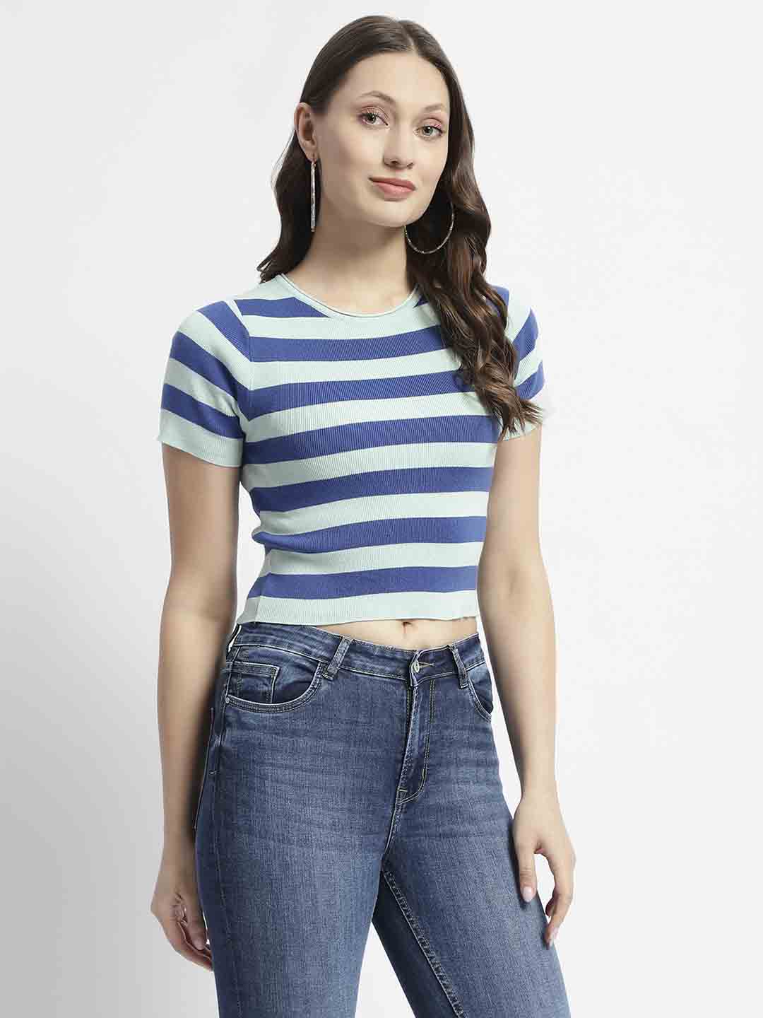 Madame Crew Neck Blue Striped Half Sleeve Crop Top - Image 3