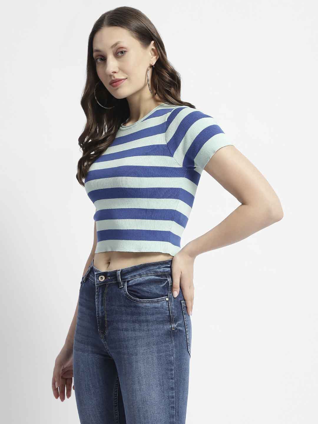 Madame Crew Neck Blue Striped Half Sleeve Crop Top - Image 4