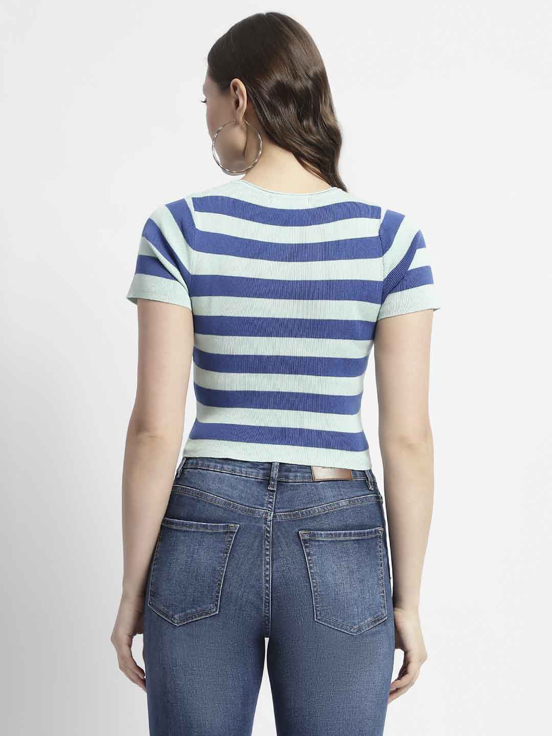 Madame Crew Neck Blue Striped Half Sleeve Crop Top - Image 5
