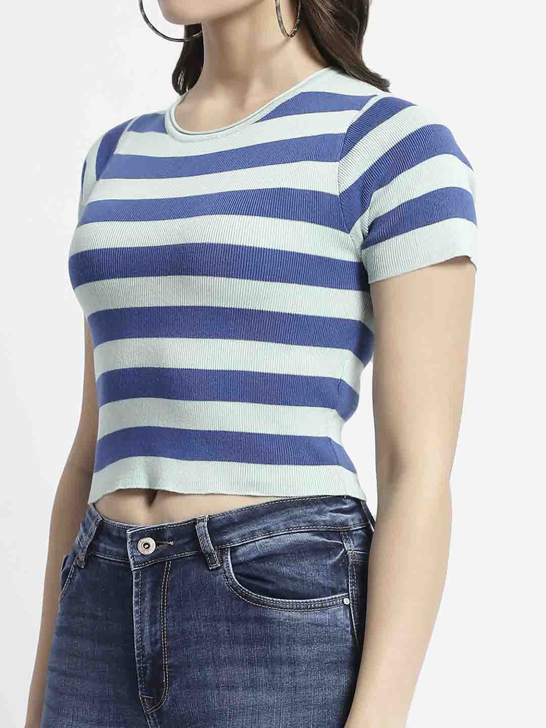 Madame Crew Neck Blue Striped Half Sleeve Crop Top - Image 6