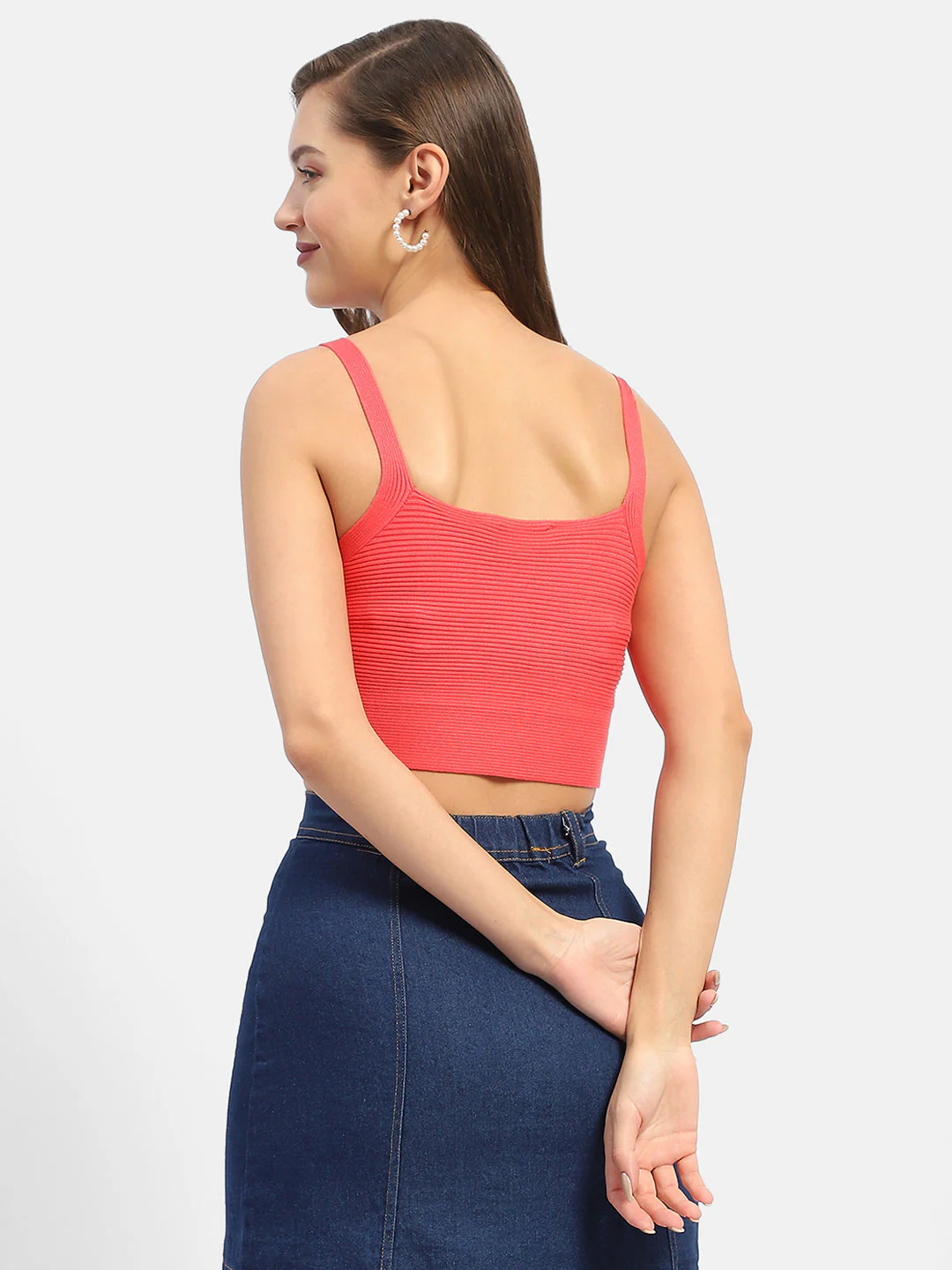 Madame V-Neck Coral Ribbed Crop Top - Image 4