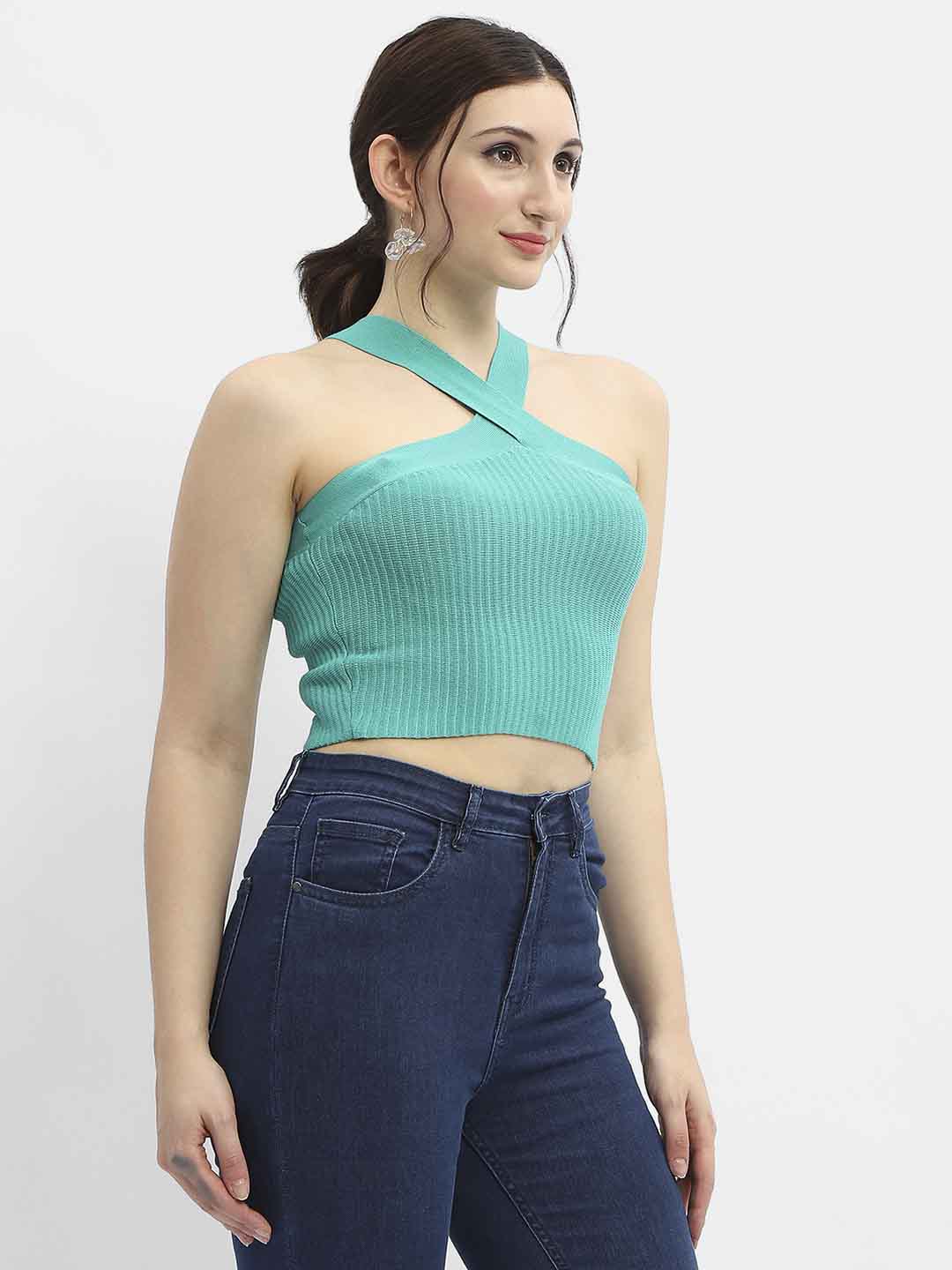 Madame Criss-Cross Halter Neck Green Top - Image 3