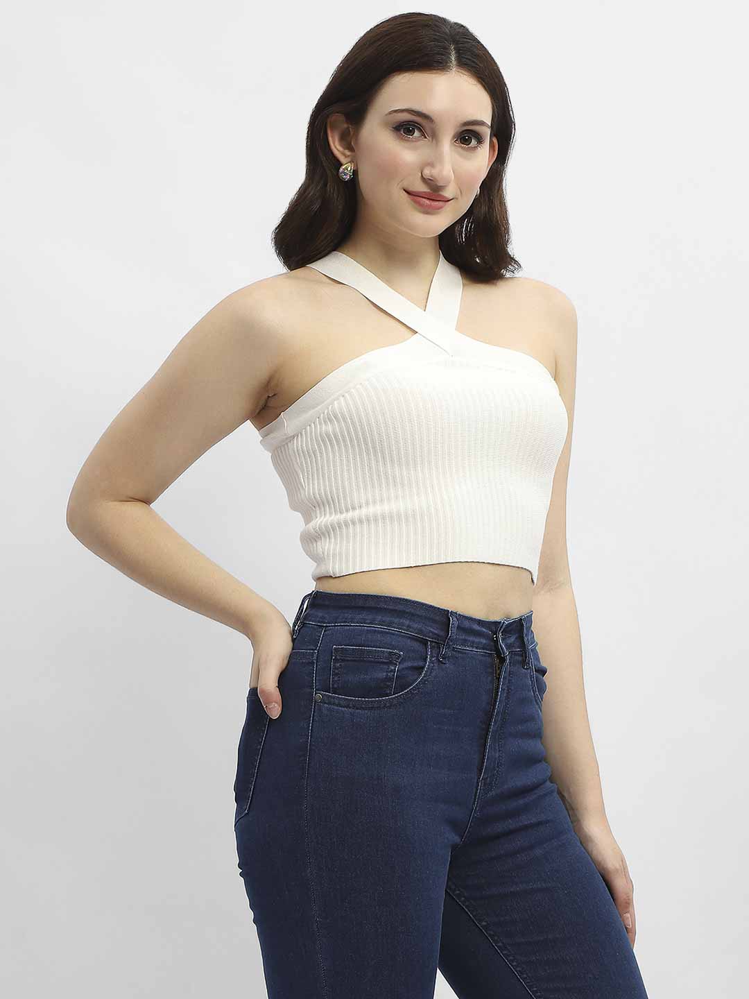 Madame Criss-Cross Halter Neck Off-White Top - Image 3