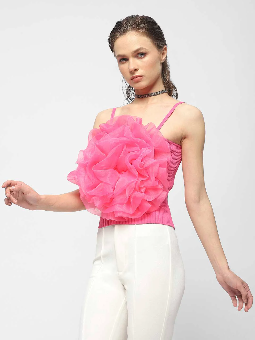 Madame Flower Applique Hot Pink Spaghetti Top - Image 2